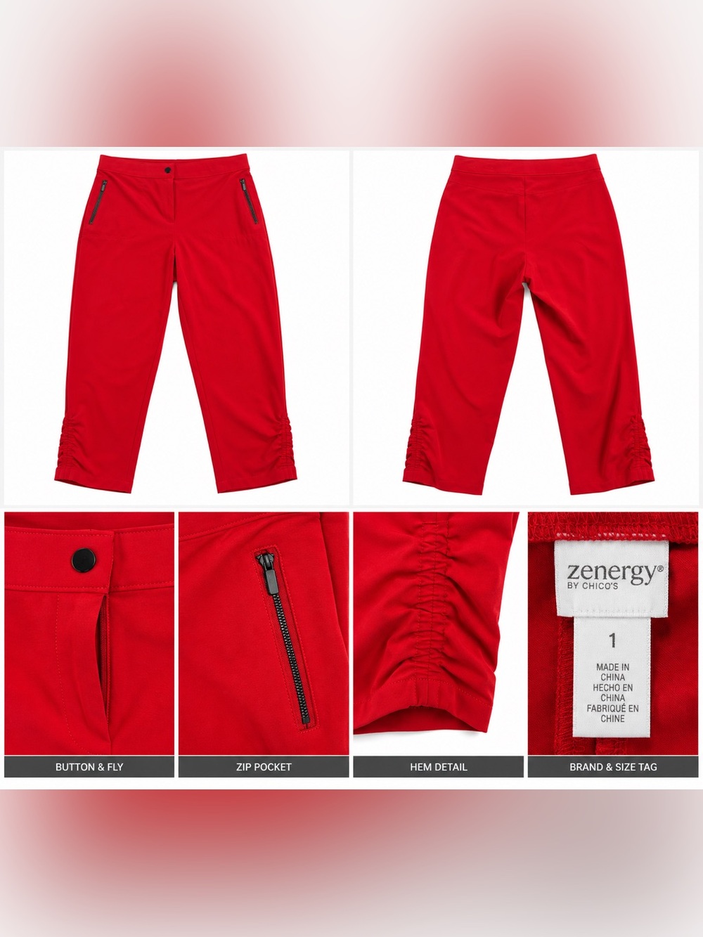 Chico’s Zenergy Women’s Size 1 Red Capri Pants Cropped 24” Inseam Zip Pockets
